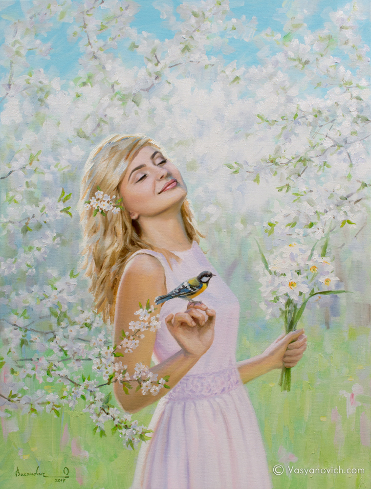 Картина "Девушка-Весна в цветущем саду"