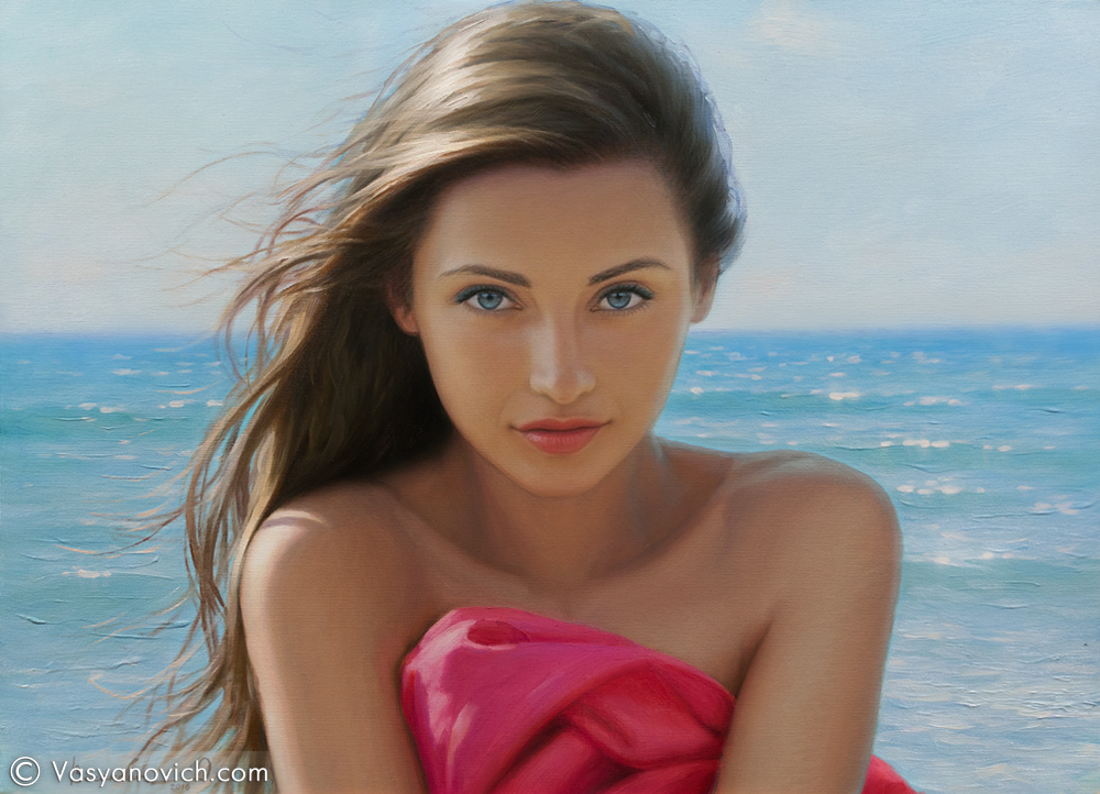Картина "Девушка на фоне сверкающих волн"