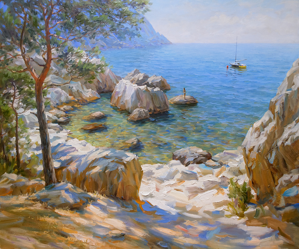 Картина "Крымский пляж с яхтой"