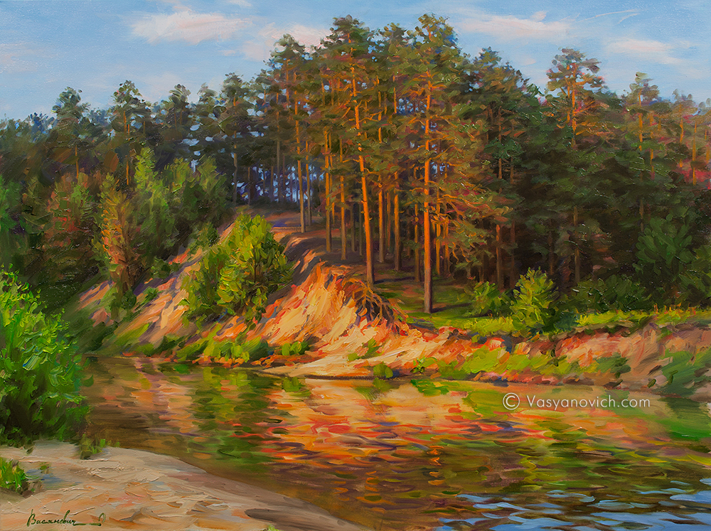 Картина "Лес и обрыв в вечерних лучах солнца"