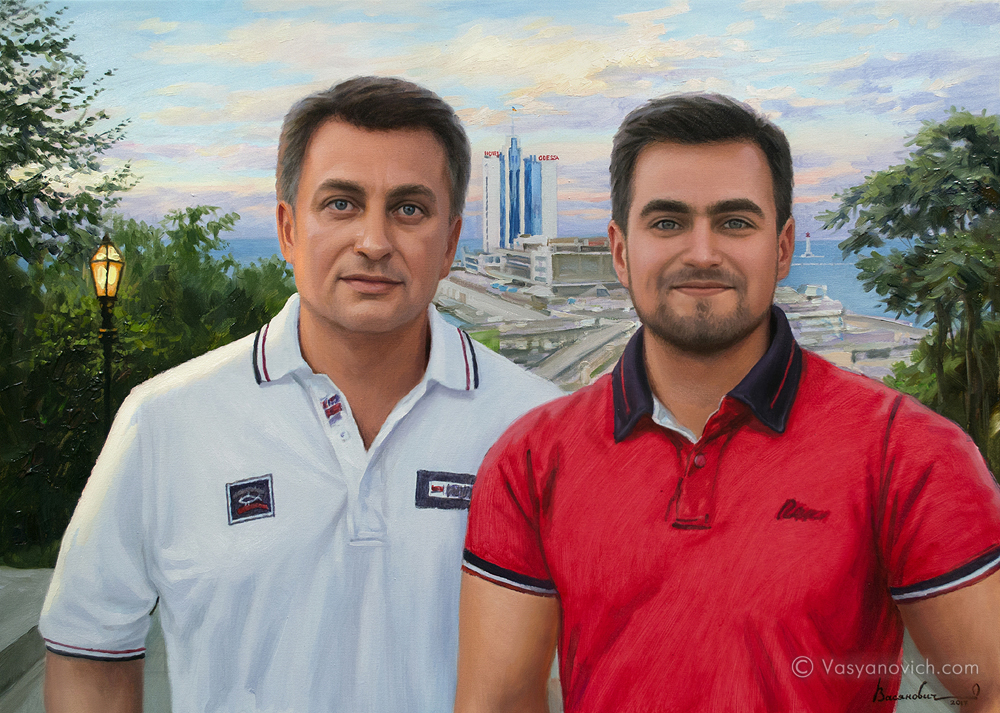 Картина "Отец и сын на фоне Одесского морского вокзала"