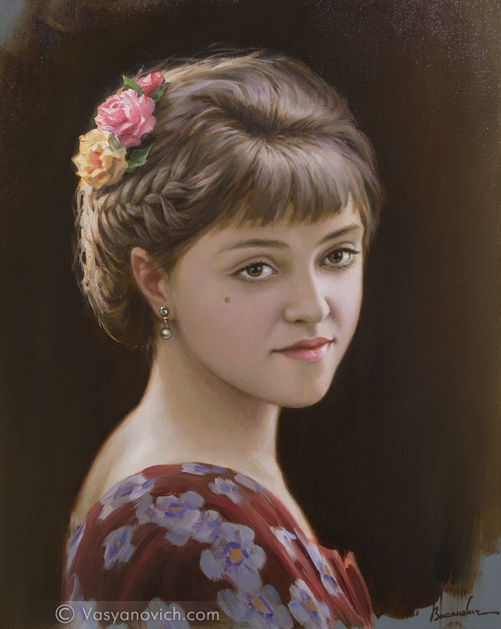 Картина "Женский портрет с заколкой из роз"