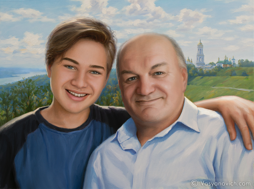 Картина "Мужчина с внуком на фоне панорамы города"