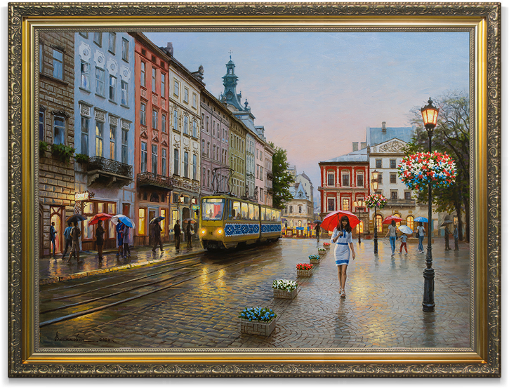 Картина "Девушка под красным зонтом. Львов."