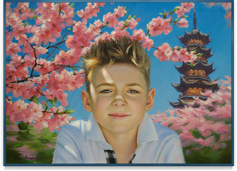 Картина "Мальчик на фоне цветущей сакуры"