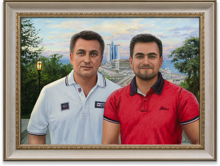 Картина "Отец и сын на фоне Одесского морского вокзала"