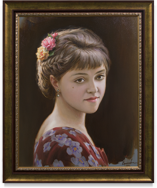 Картина "Женский портрет с заколкой из роз"