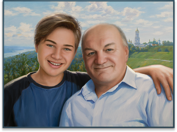 Картина "Мужчина с внуком на фоне панорамы города"