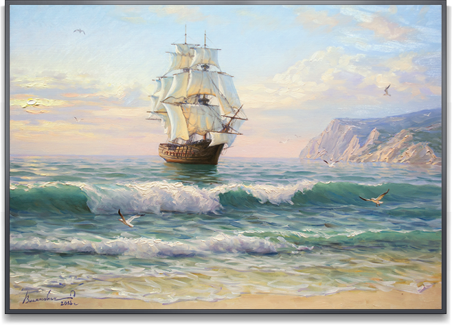 Картина "Рассвет. Корабль у берега"