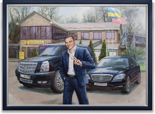 Картина "Мужской портрет на фоне двух авто"