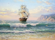 Картина "Рассвет. Корабль у берега"