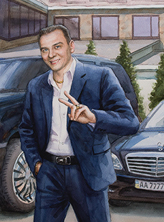 Картина "Мужской портрет на фоне двух авто"
