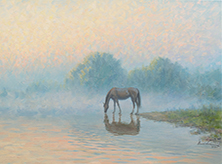Картина "Туманное утро. Лошадь у озера"